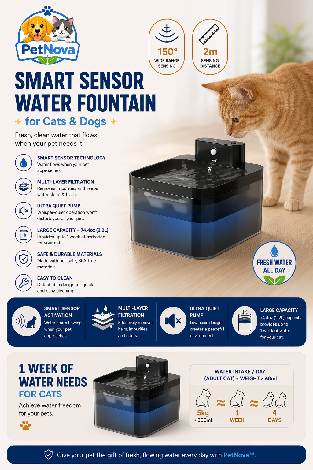 PetNova™ Smart Sensor Water Fountain for Cats & Dogs
